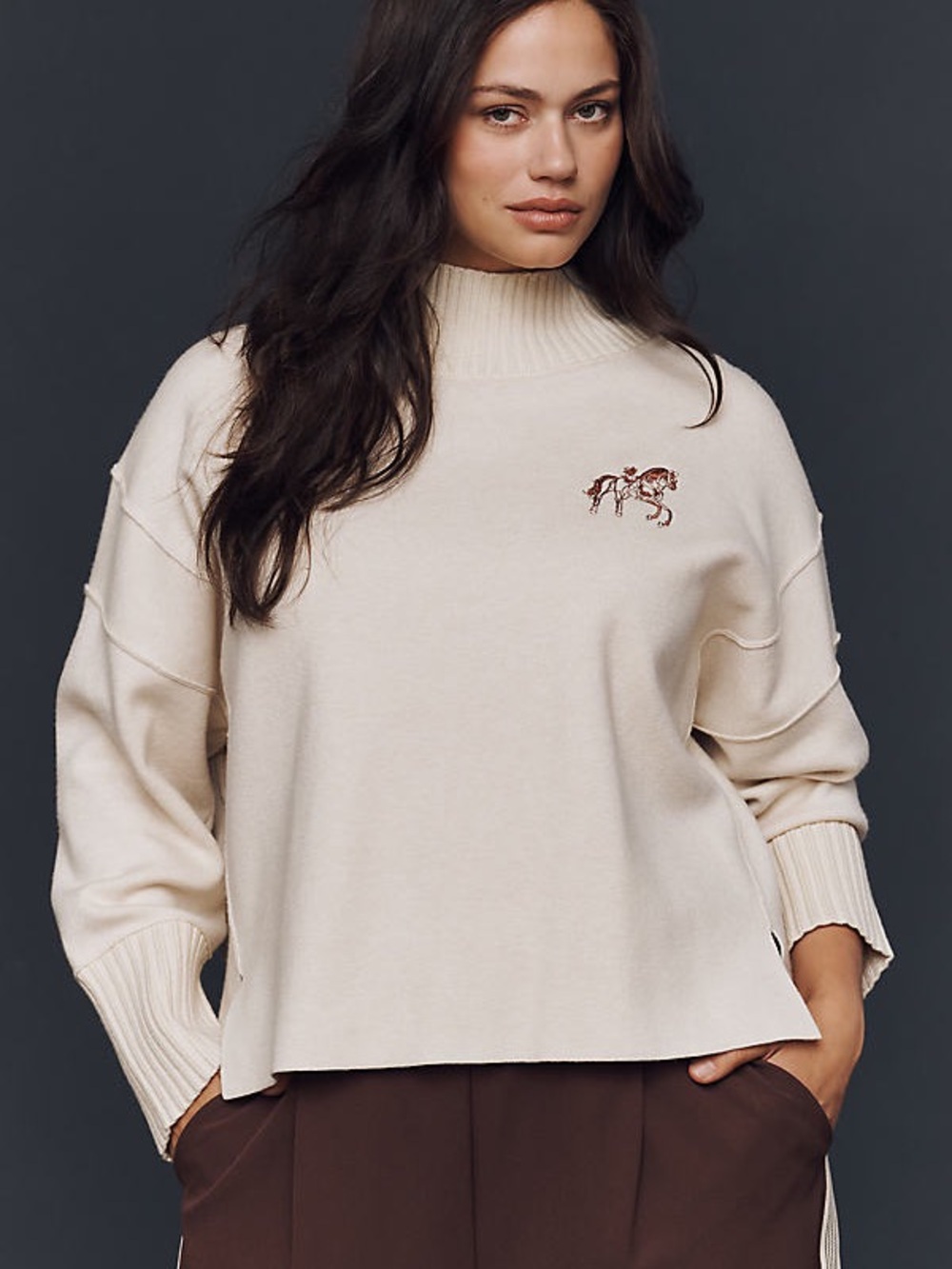 Maeve Beige Brown Horse Equestrian Embroidered Mock Neck Pullover Knit Sweater